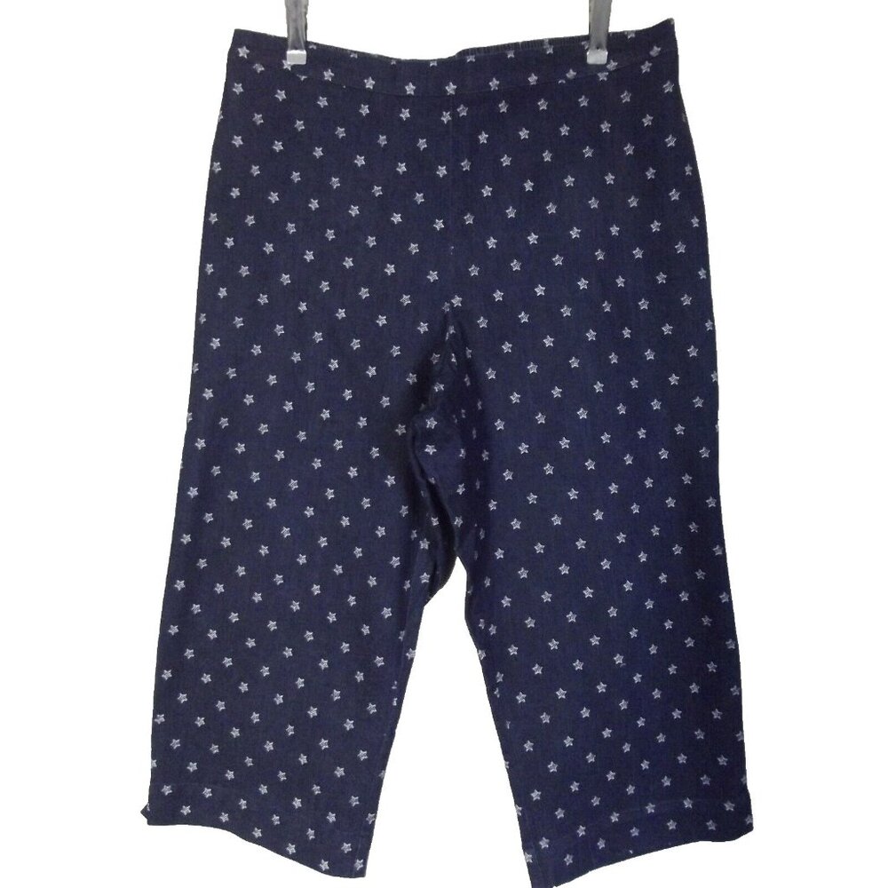 Alfred Dunner Crop Pants 14x20" Denim Patriotic Stars Pull On Elastic Waist Flat